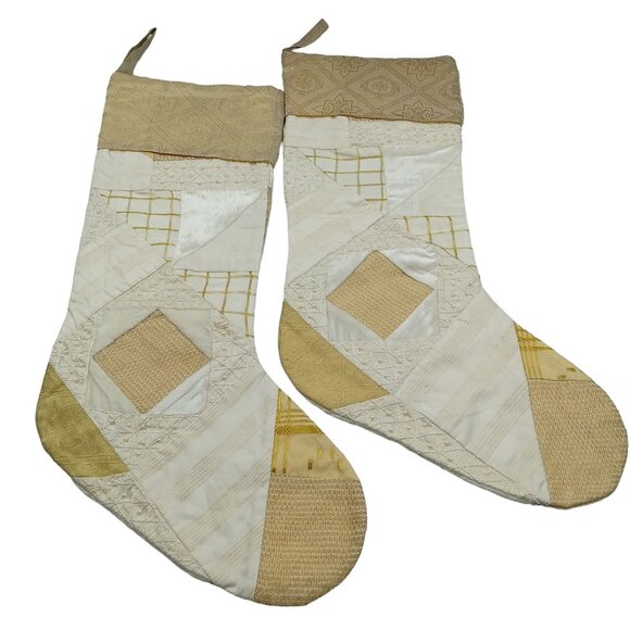 Christmas Stockings With Pearls, in Ivory, Cream, Golden, Beige Patchwork - Picture 2 of 7